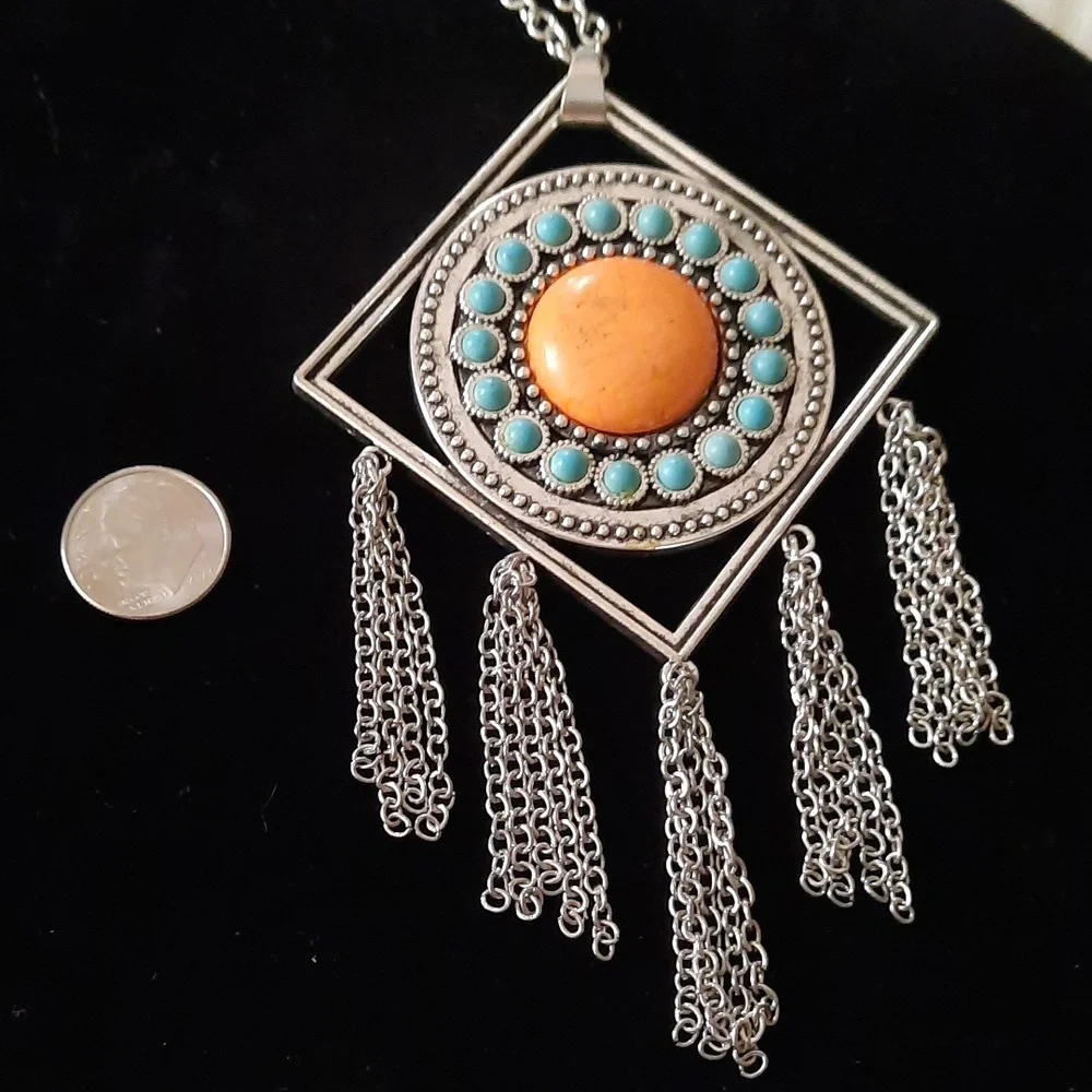 3/25$ sandstone faux turquoise/coral fringe fashion necklace silvertone - Picture 4 of 7